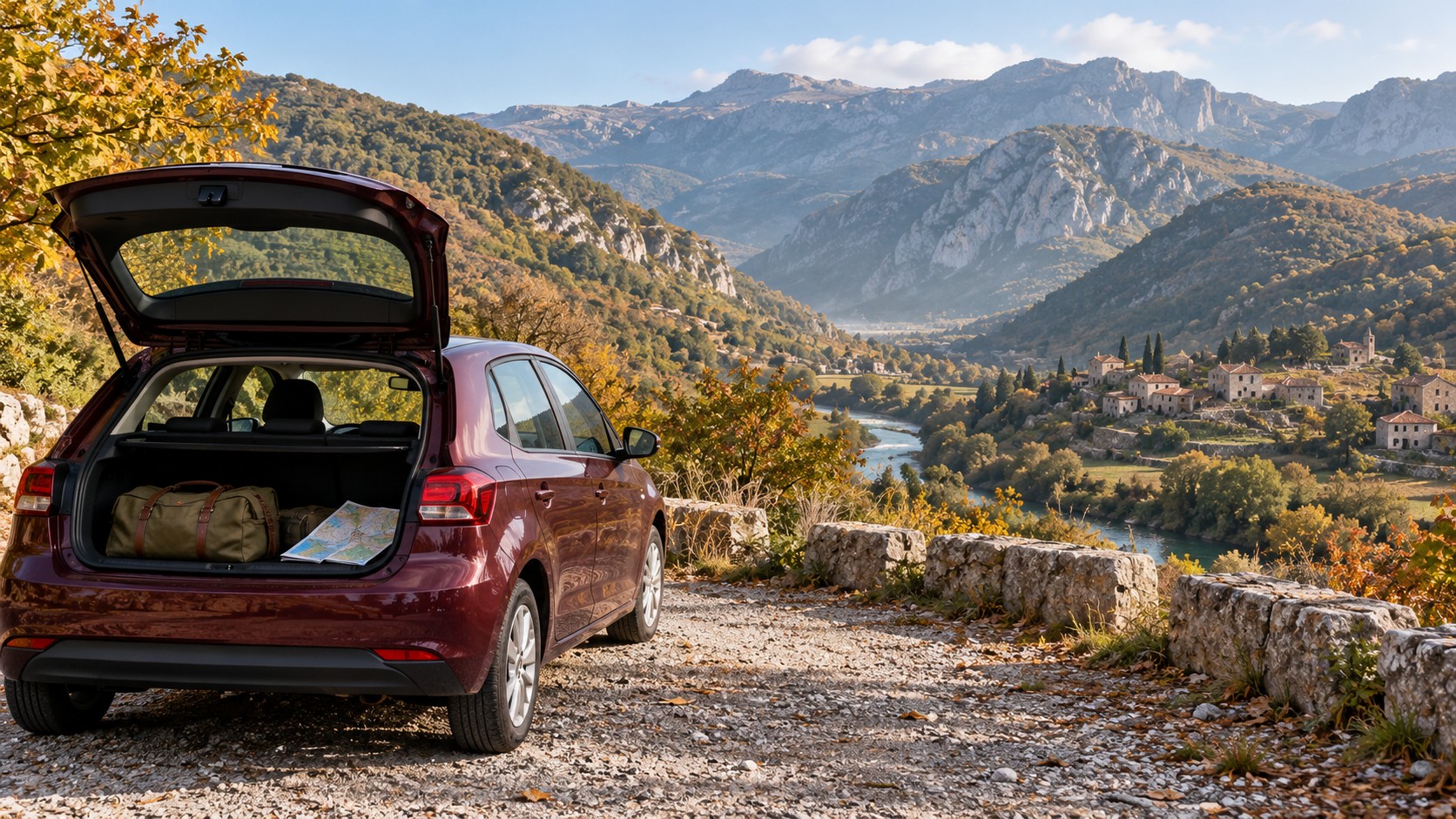 Voiture de voyage et bagages devant un paysage montagneux des Balkans — illustration originale